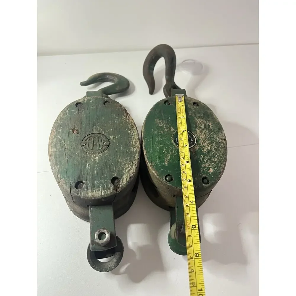 Set Of 2 Vintage Wooden Block Tackle Pulley Barn Industrial Decor Steampunk VTG